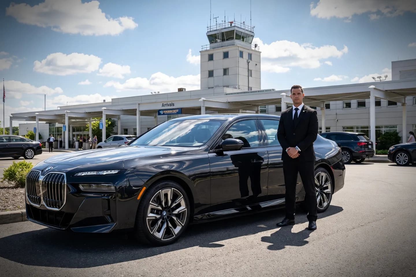 Chauffeured black sedan parked outside Greater Binghamton Airport terminal entrance