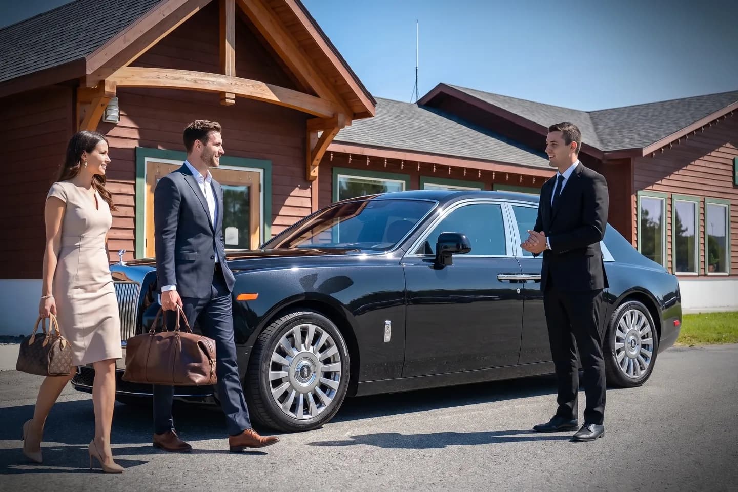 Passenger stepping into a chauffeured car at SLK Airport Saranac Lake New York