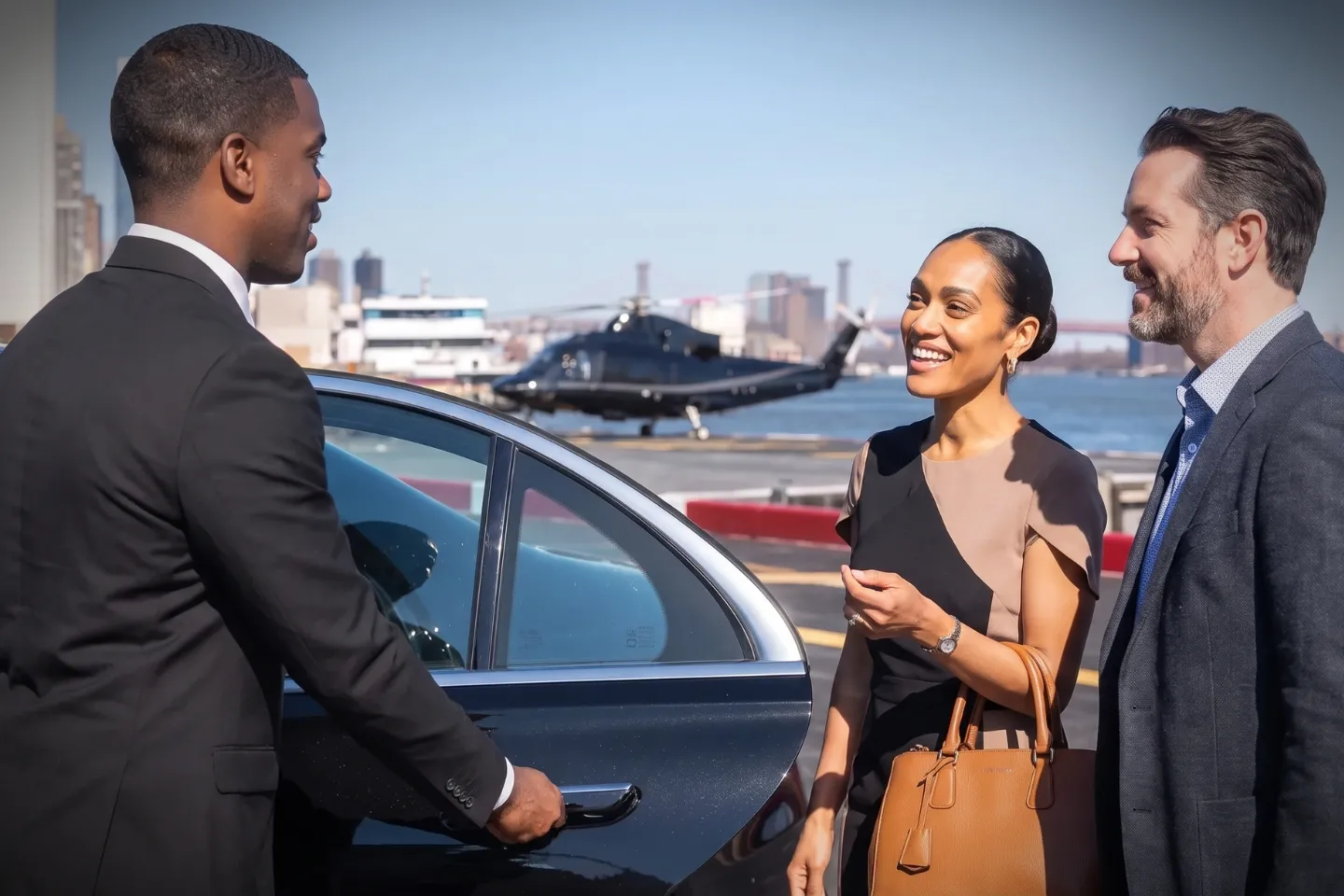 Luxury SUV pulling up to New York East 34th Street Heliport for a private pickup