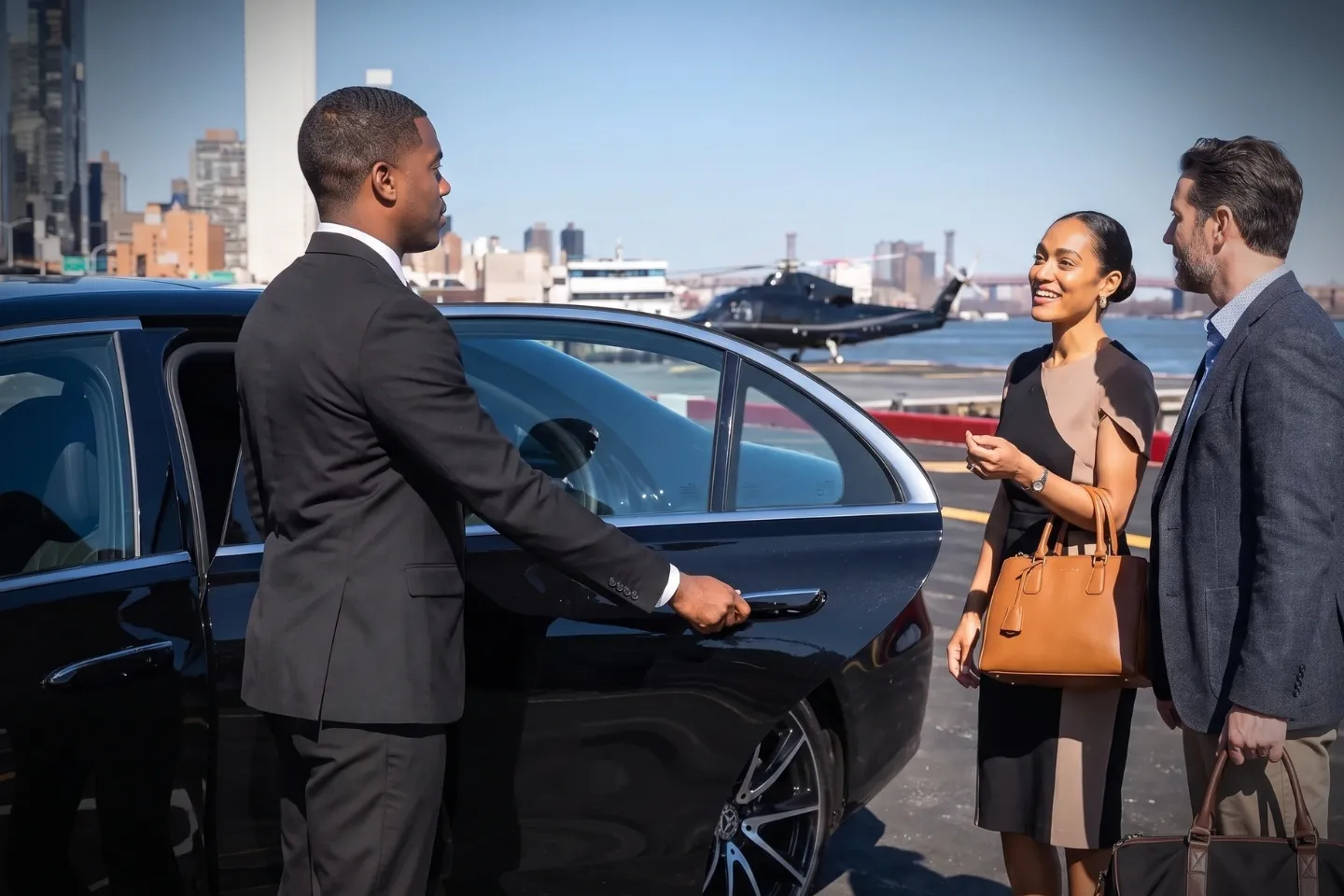 Passenger walking from a helicopter to a chauffeured car at East 34th Street Heliport