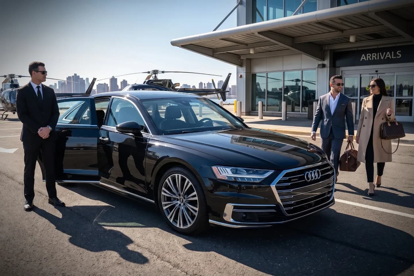 Professional chauffeur holding a welcome board at the JRA Heliport gate