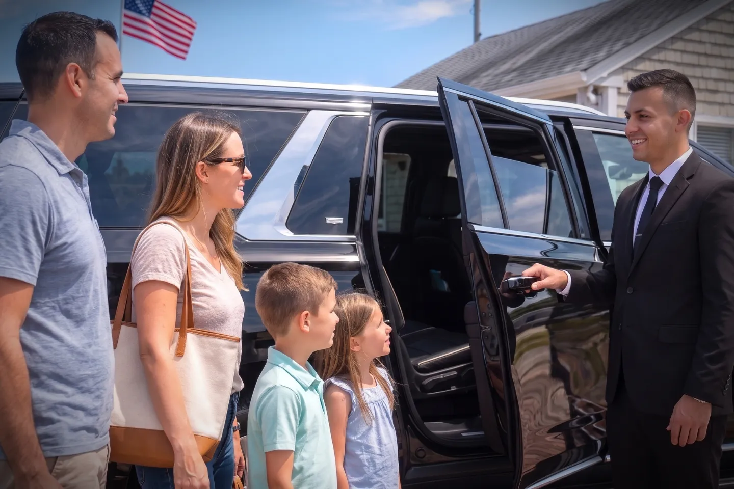 Chauffeur loading luggage into an SUV outside Montauk Airport Long Island New York
