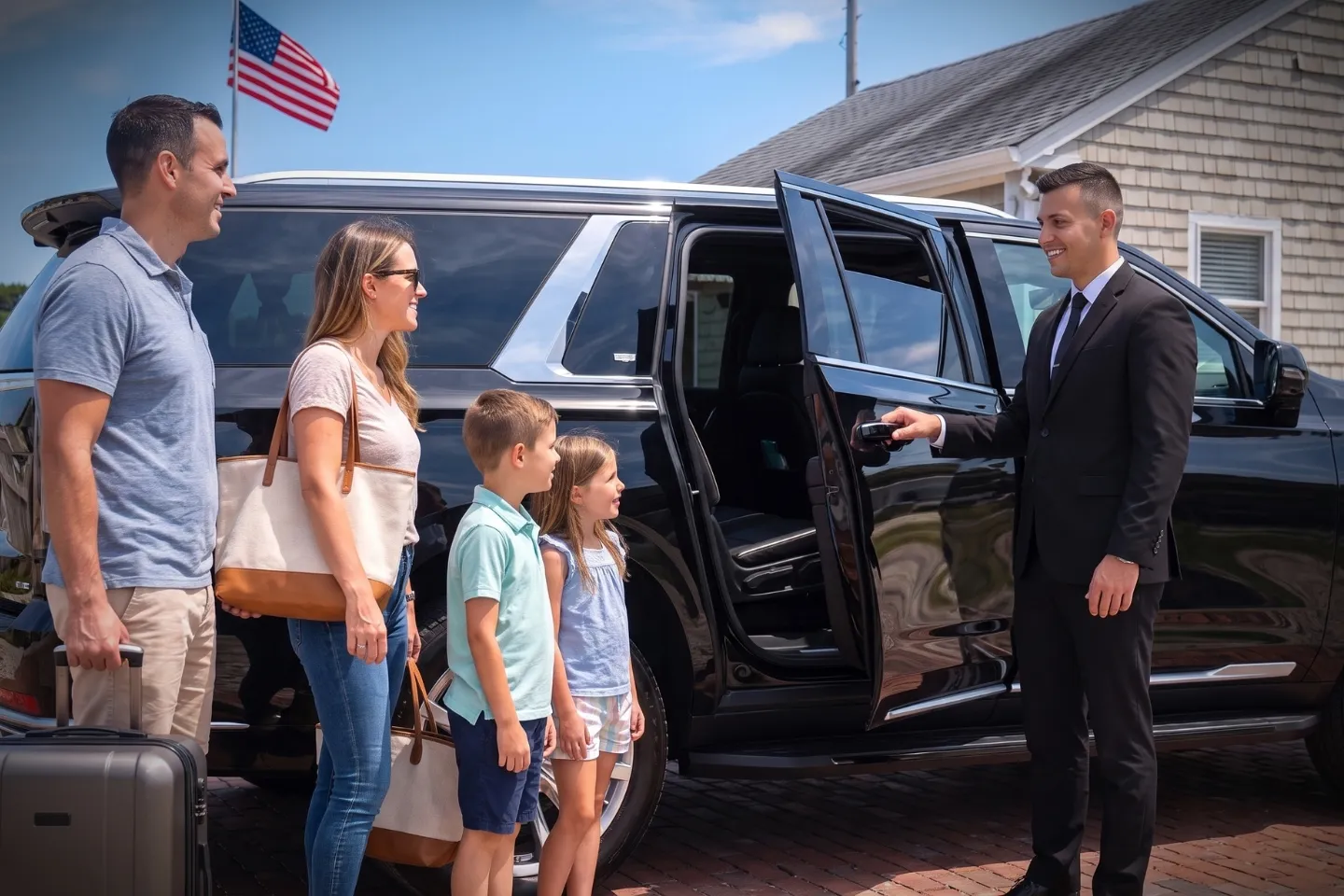 Luxury SUV waiting curbside at Montauk Suffolk County Airport for a private pickup