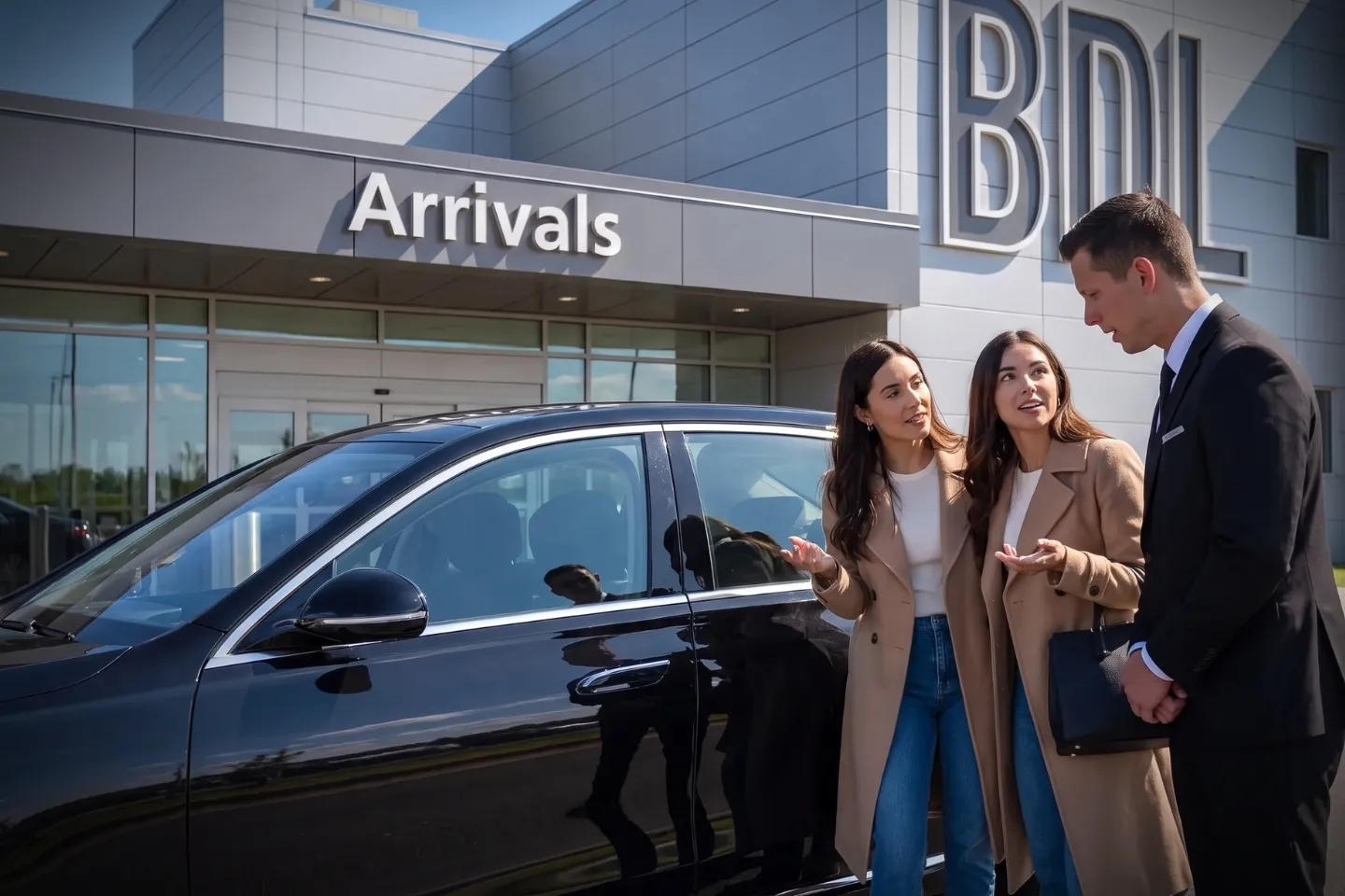 Executive SUV parked at Bradley International Airport curbside for corporate chauffeur service