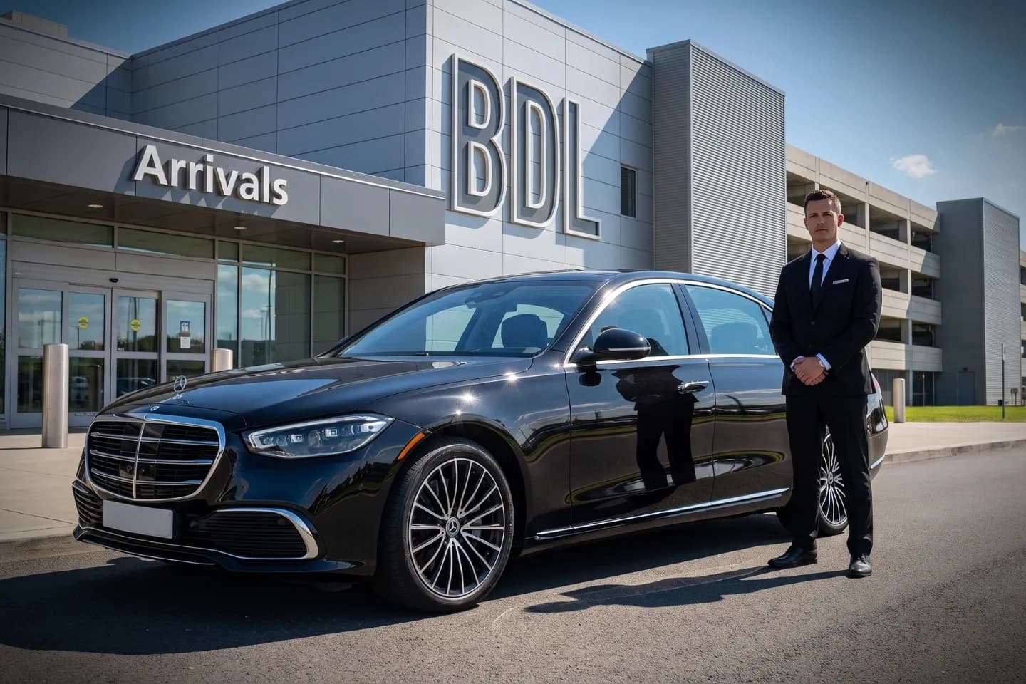 Black luxury sedan waiting outside Bradley International Airport terminal for chauffeur pickup