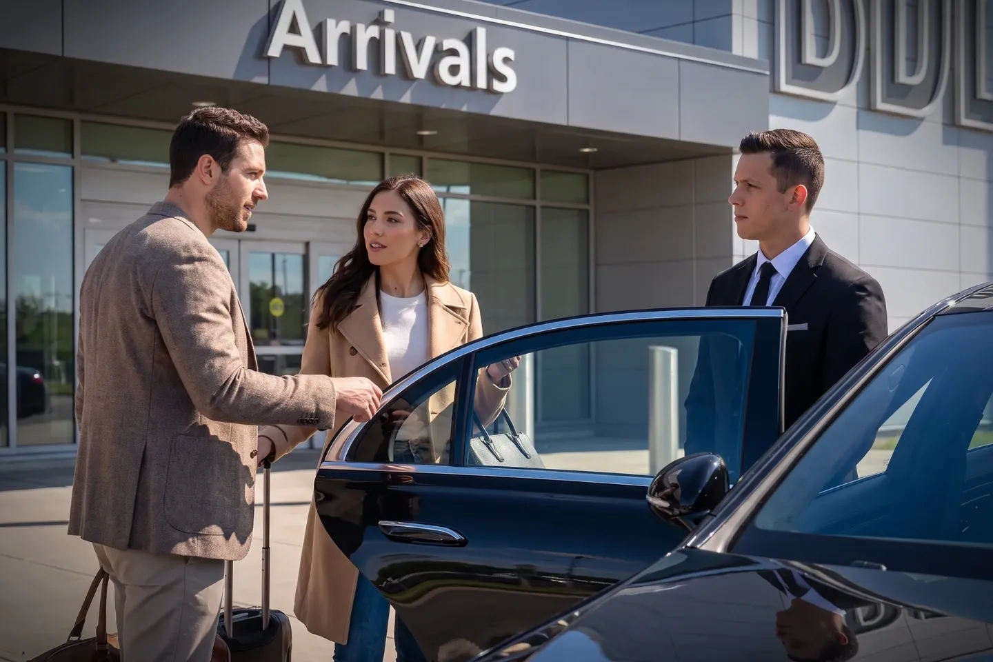 Uniformed driver greeting passenger with name sign inside BDL Airport terminal