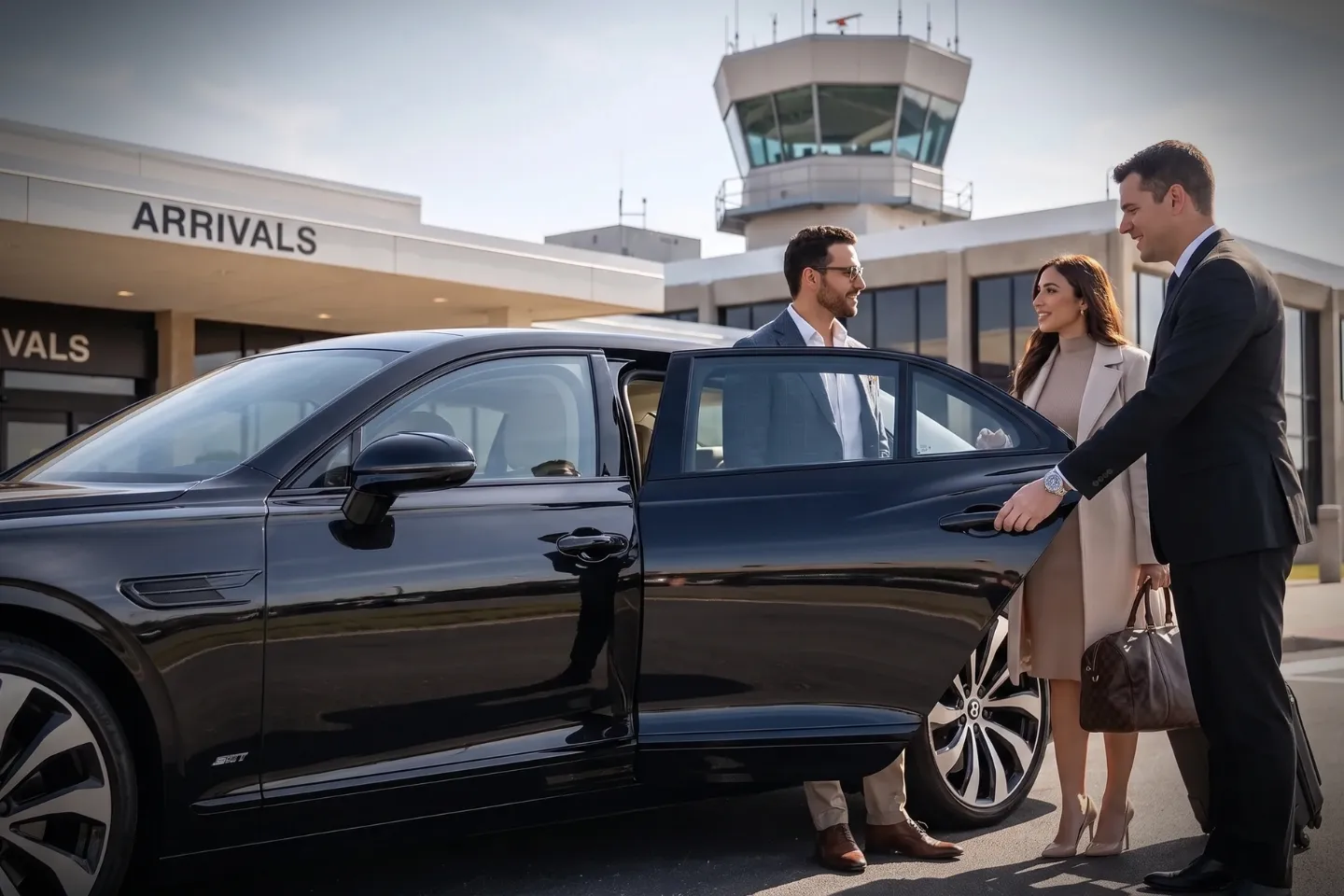 Well-dressed driver holding welcome sign for arriving guest at HVN Airport