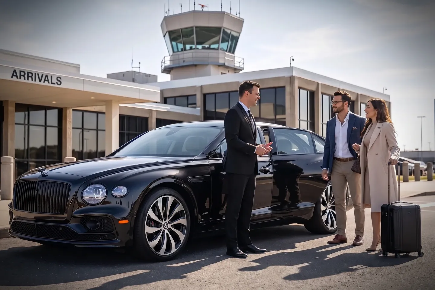 Luxury black sedan idling at Tweed New Haven (HVN) Airport arrivals curb