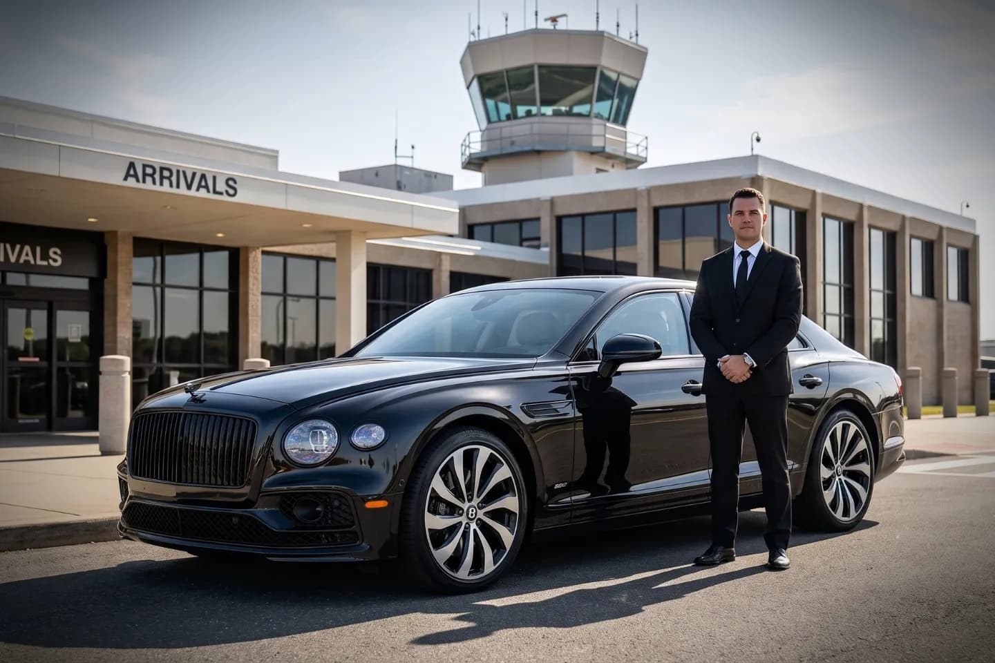 Chauffeur loading passenger luggage into trunk at Tweed New Haven Airport