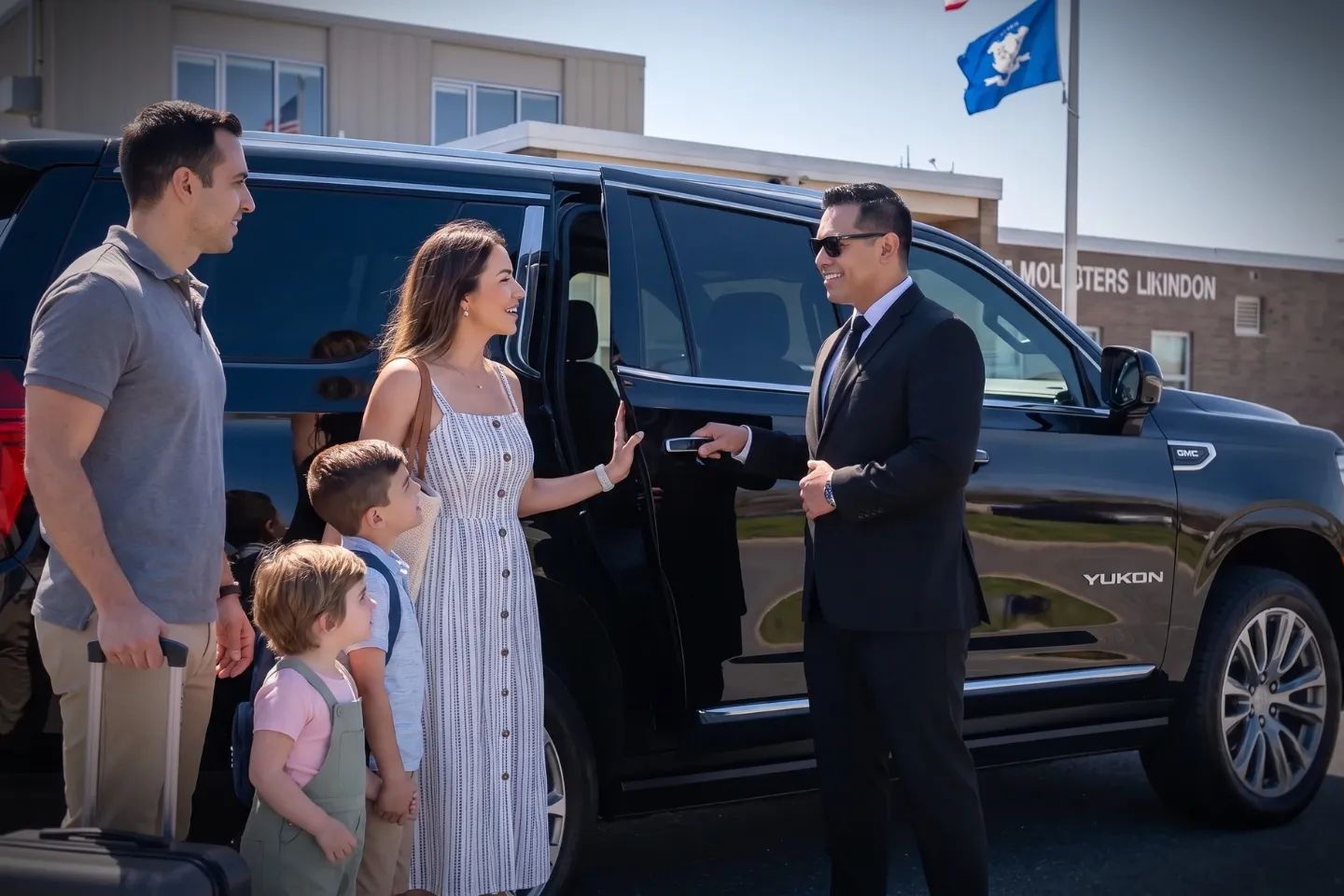 Passenger with carry-on approaching chauffeur car at Groton New London Airport