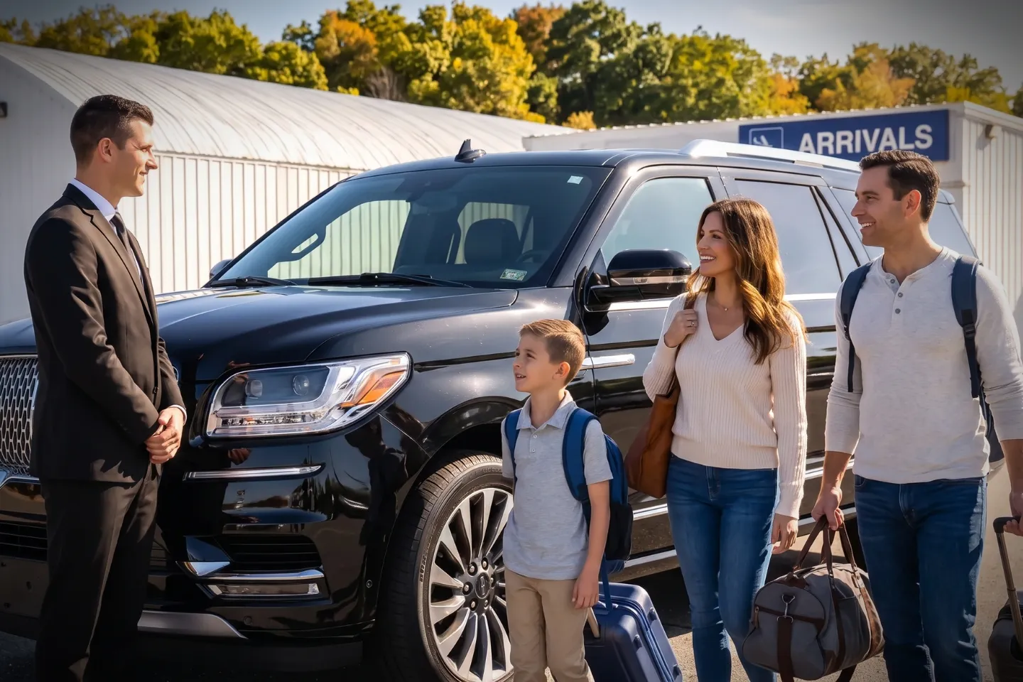 Premium SUV parked near Windham Airport runway for private transfer