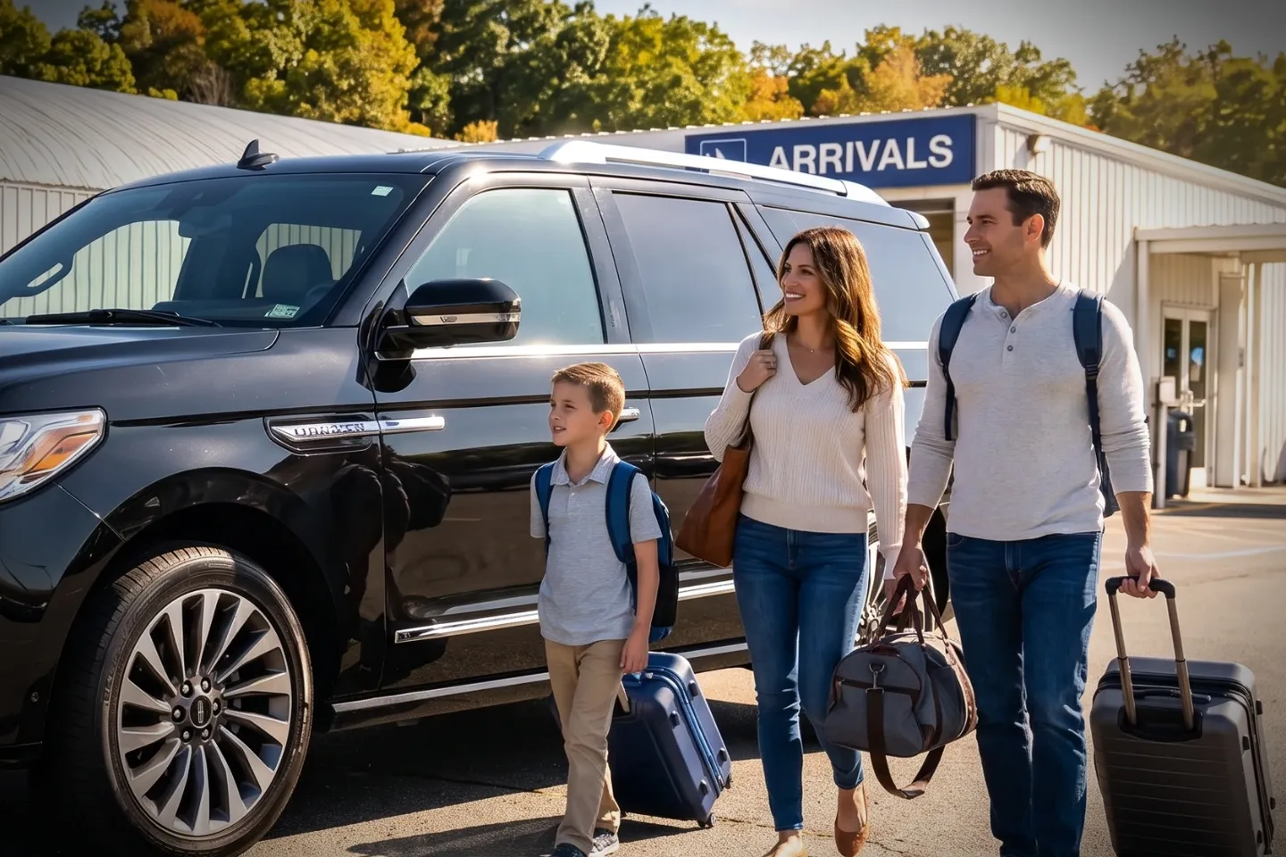 Traveler entering chauffeur-driven vehicle outside Windham Airport main entrance