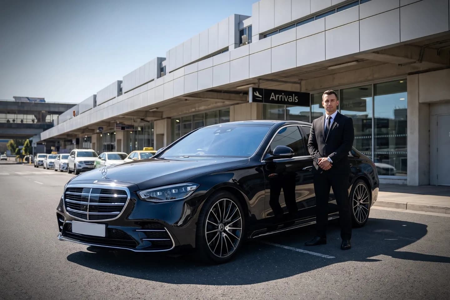 Black luxury sedan waiting curbside at Philadelphia International Airport for chauffeur pickup