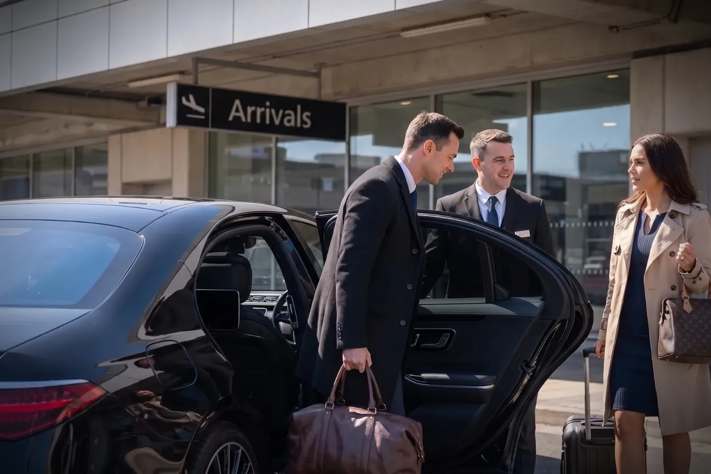 Professional driver loading suitcases into a sedan outside Philadelphia International Airport terminal