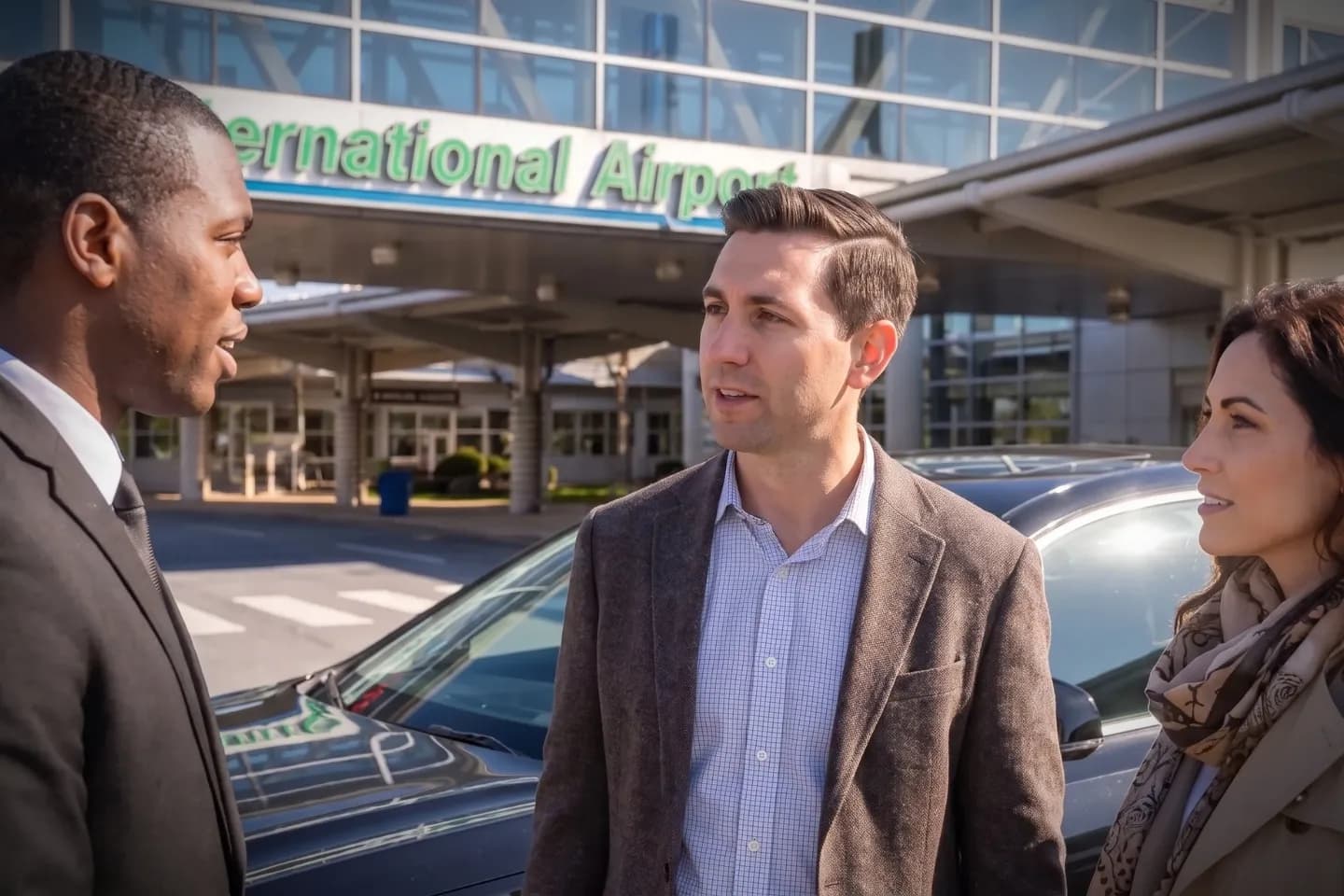 Black executive car parked curbside outside MDT Airport terminal for transfers