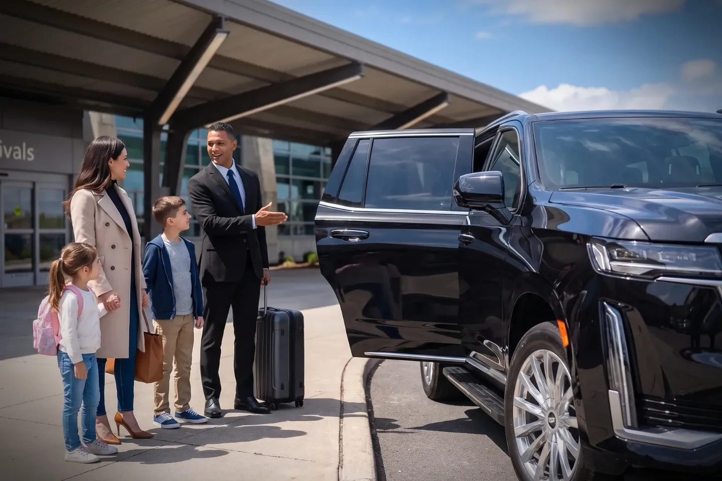 Black luxury sedan parked outside AVP Airport terminal for chauffeur service