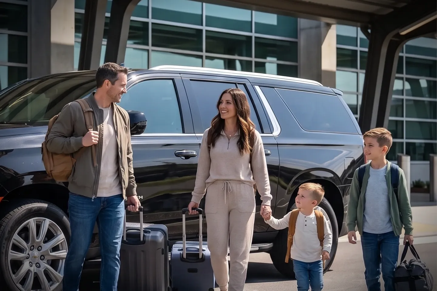 Smartly dressed driver standing beside a sedan at the ERI Airport curb