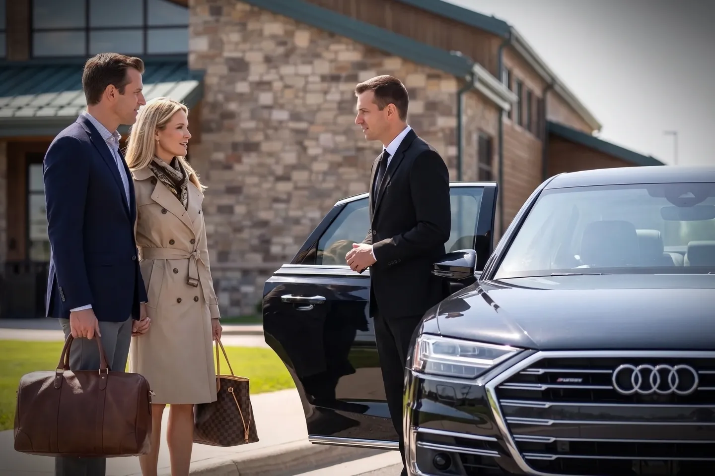 Black executive SUV parked outside LBE Airport terminal for chauffeur transfers