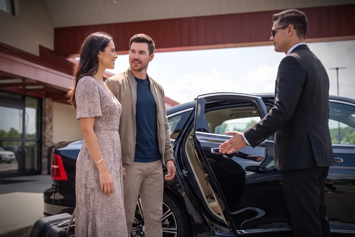 Black luxury sedan parked outside University Park Airport terminal for transfers