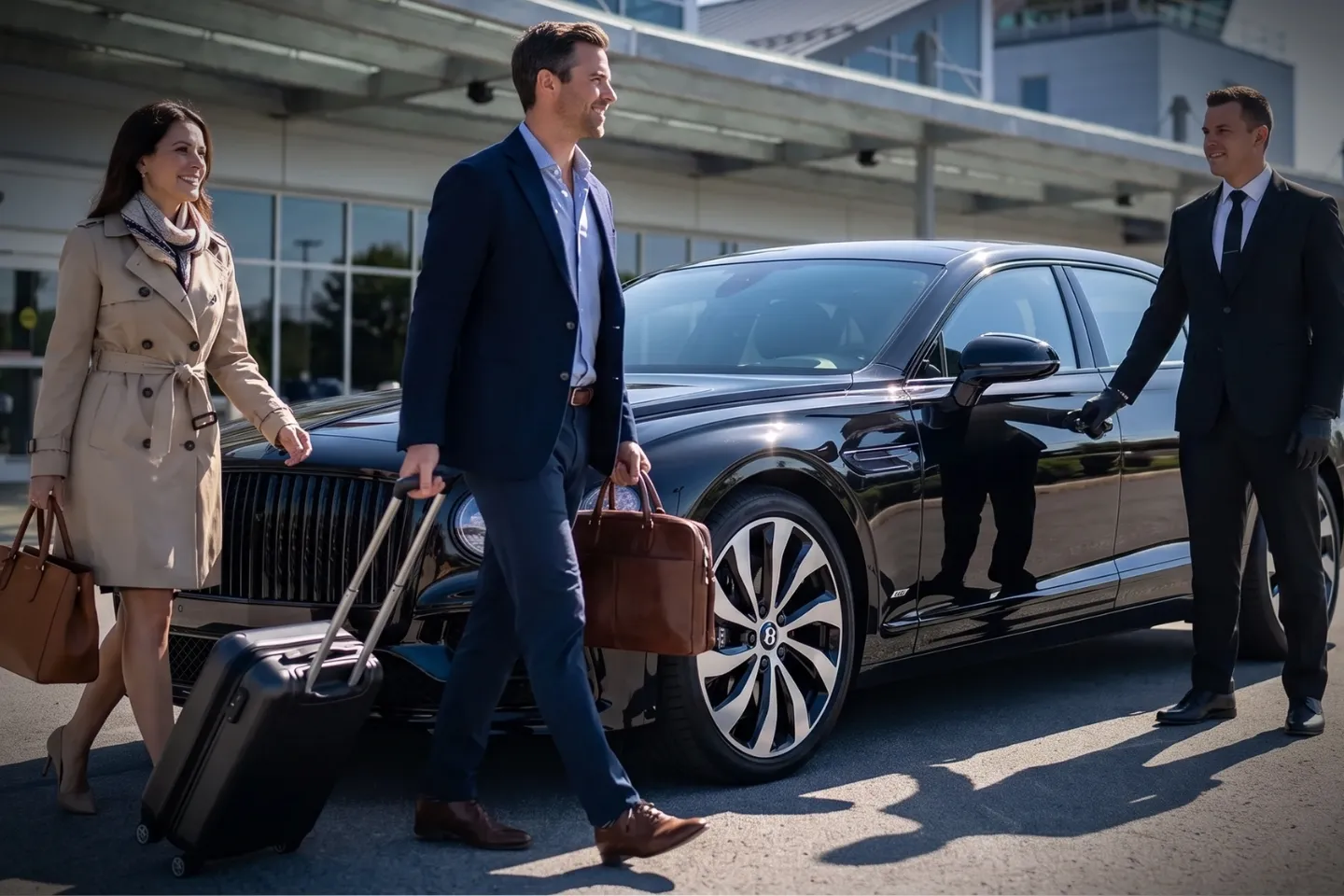 Smartly dressed driver standing beside a sedan at the IPT Airport curb