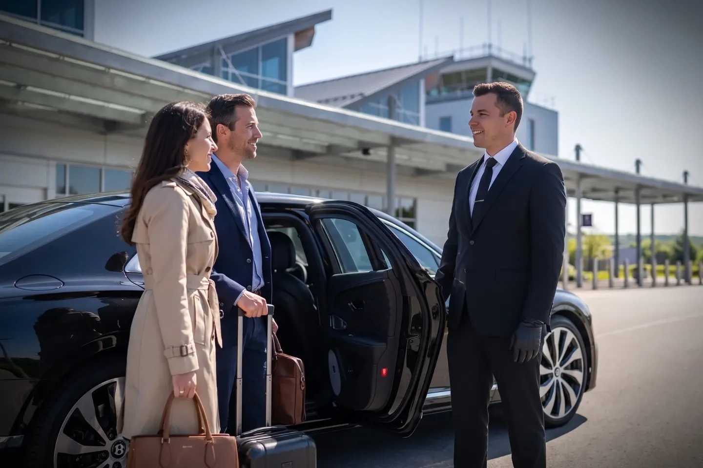 Black executive sedan parked curbside outside IPT Airport for chauffeur service