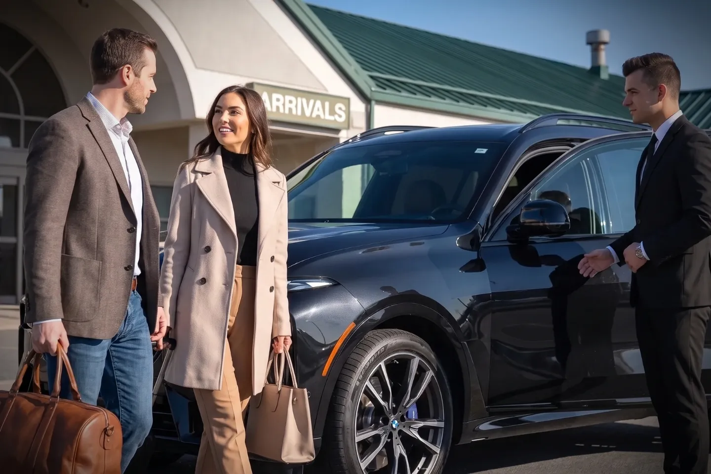 Black executive sedan parked outside JST Airport terminal for chauffeur transfers