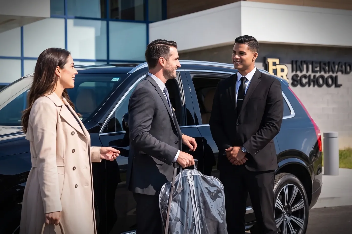 Sleek chauffeured car parked at the FKL Airport terminal for transfers