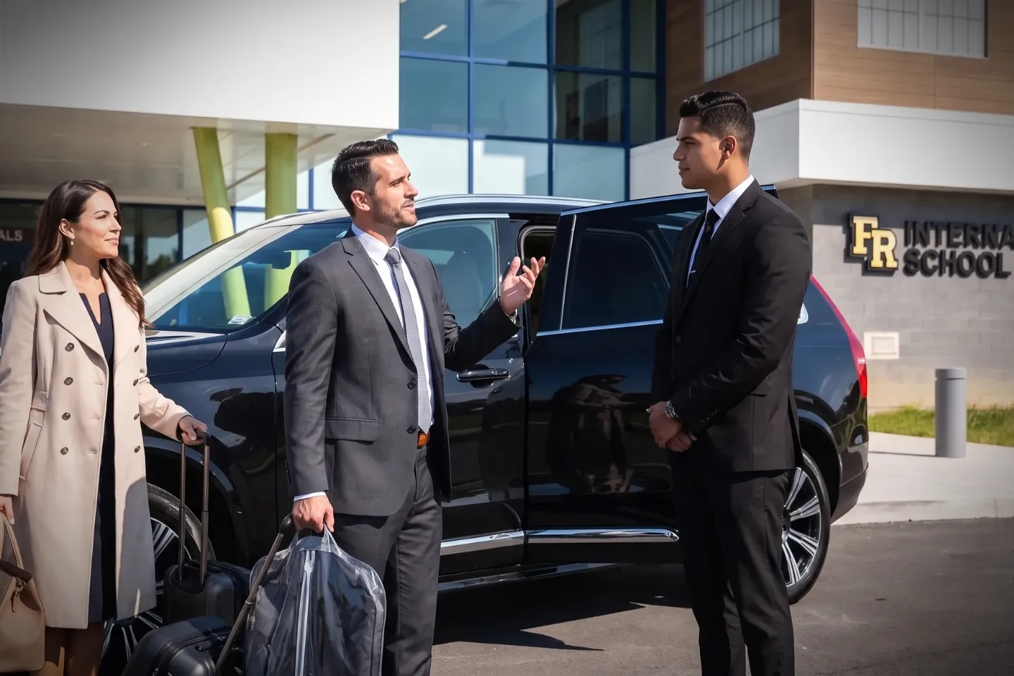 Suitcases loaded into an executive SUV at Franklin Regional Airport curbside