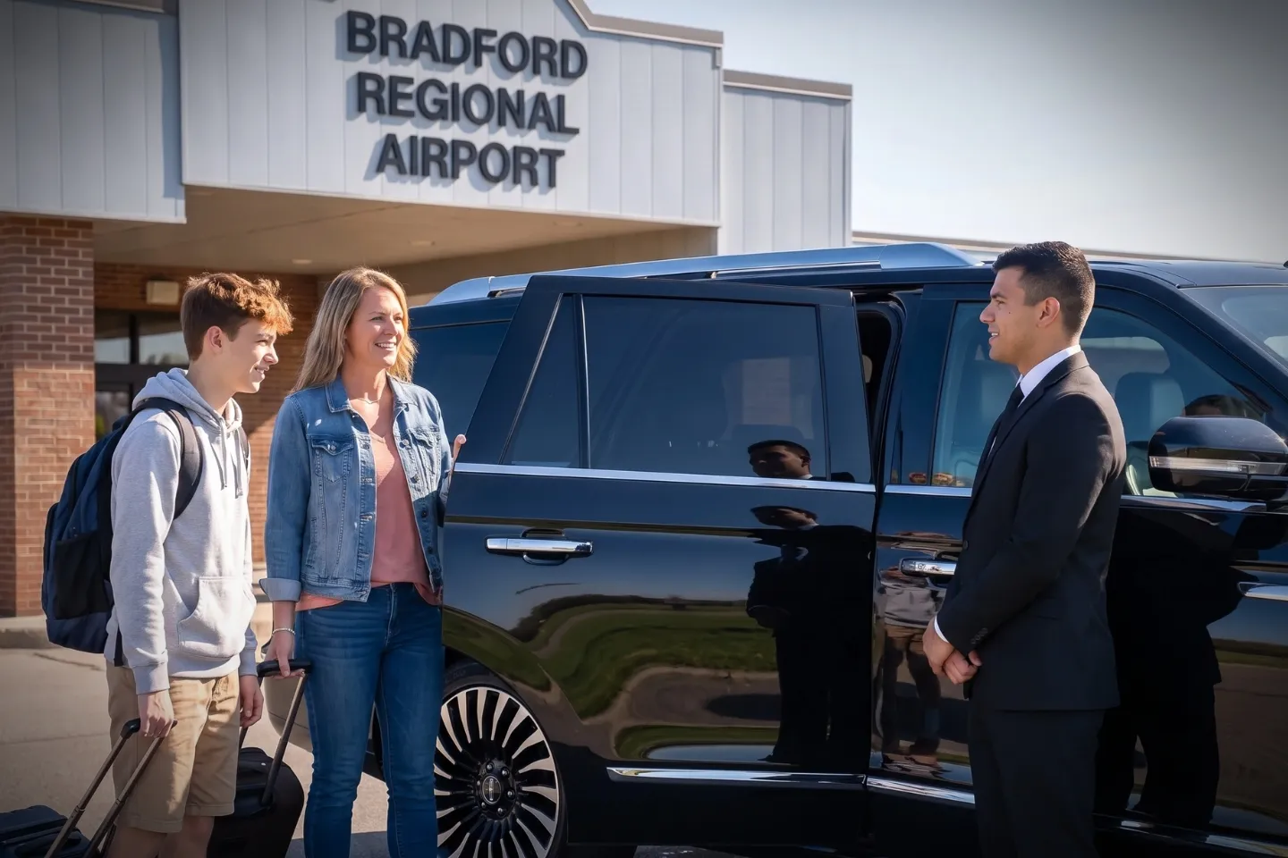 Sleek sedan waiting curbside at BFD Airport for scheduled chauffeur pickup
