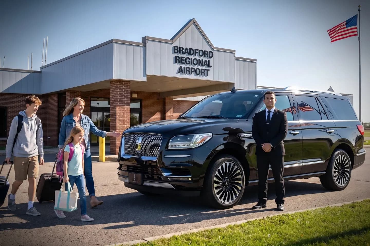 Black executive car parked outside BFD Airport terminal for luxury transfers