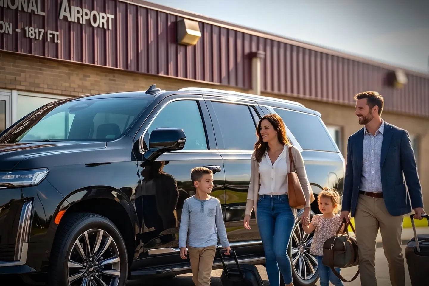 Sleek chauffeur vehicle waiting curbside at DuBois Regional Airport (DUJ)