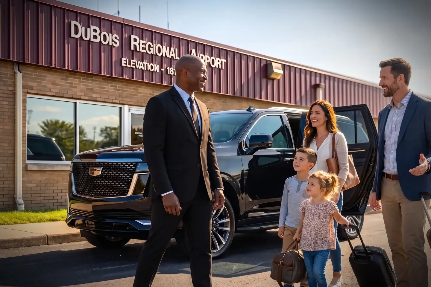 Driver placing luggage into an executive sedan at DuBois Regional Airport curb