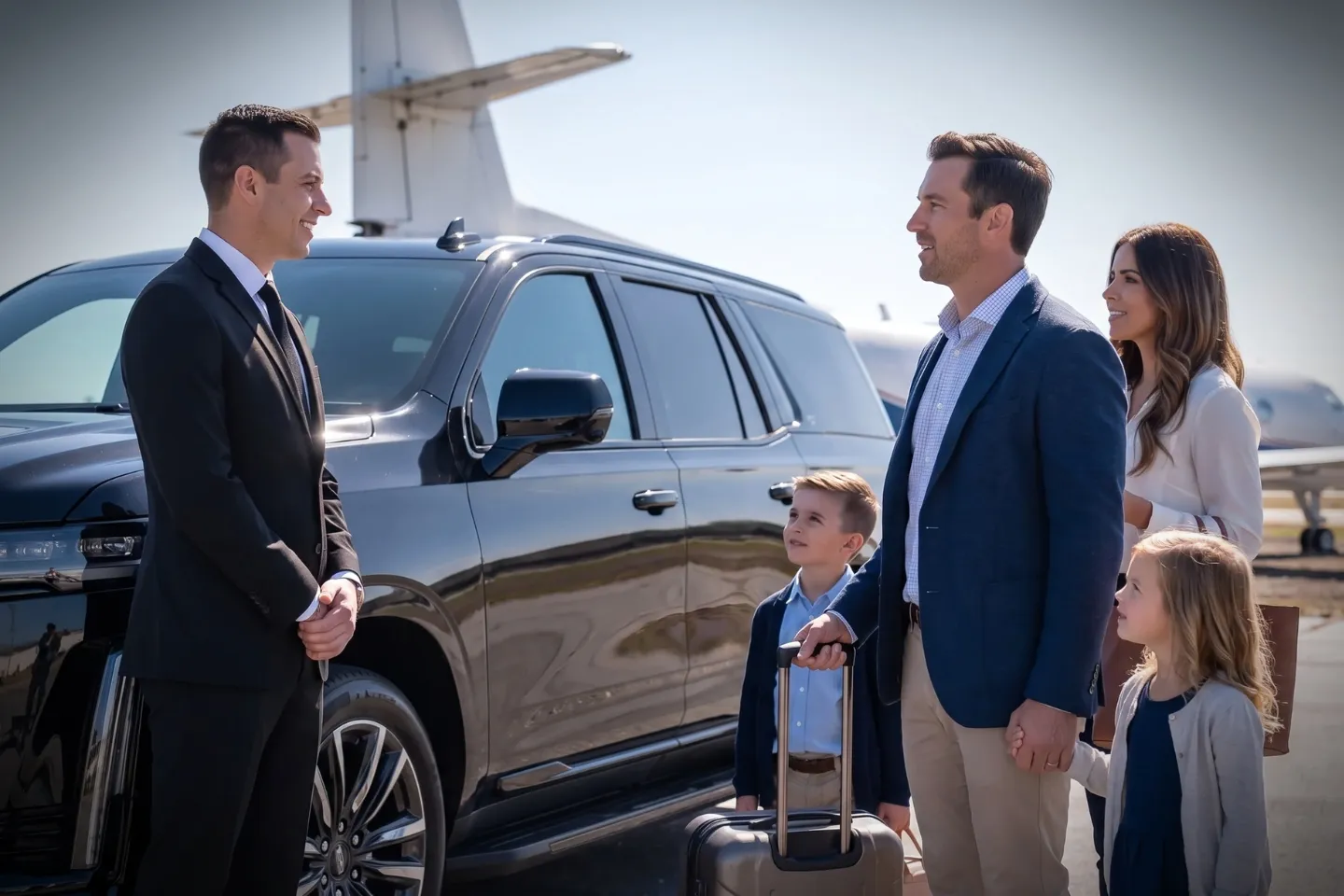 Professional chauffeur opening the vehicle door on the tarmac beside a private jet at WWD