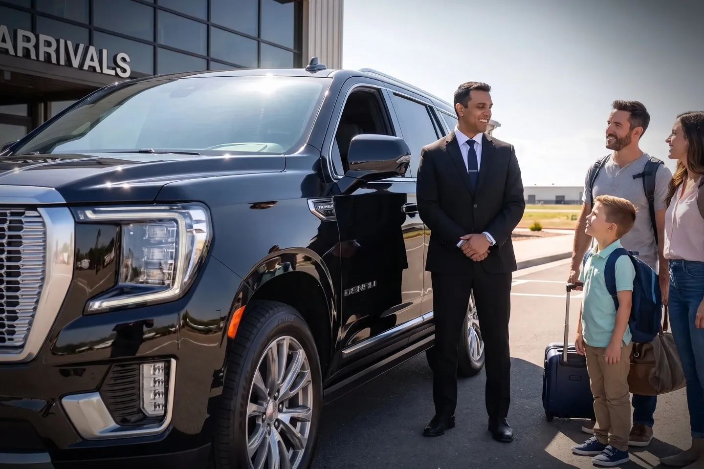 Black executive SUV waiting in the passenger drop-off area at Ocean County Airport