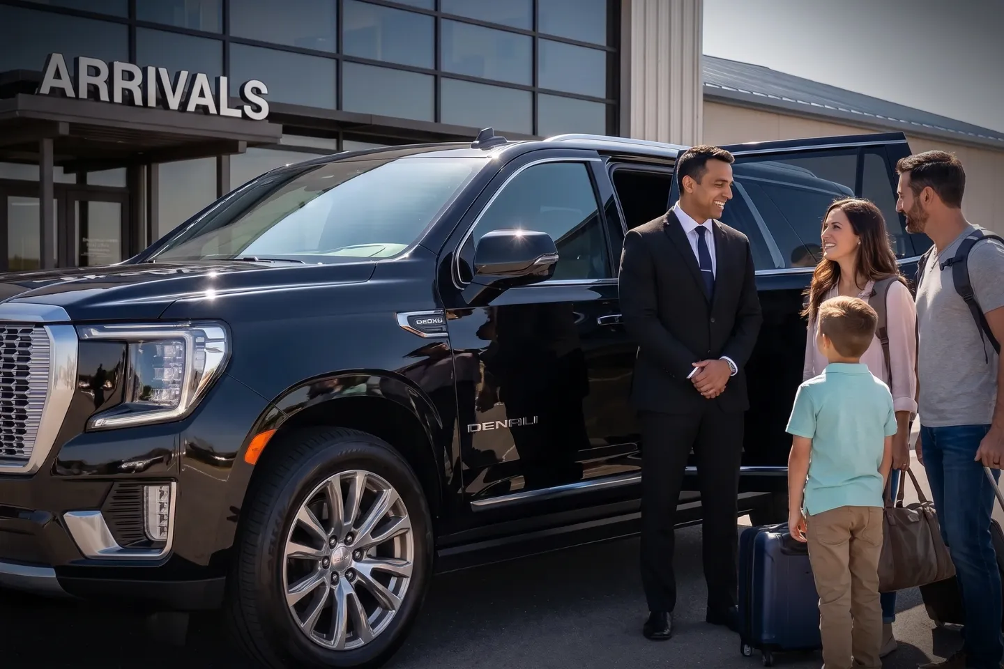 Professional driver opening a luxury car door outside the MJX general aviation terminal