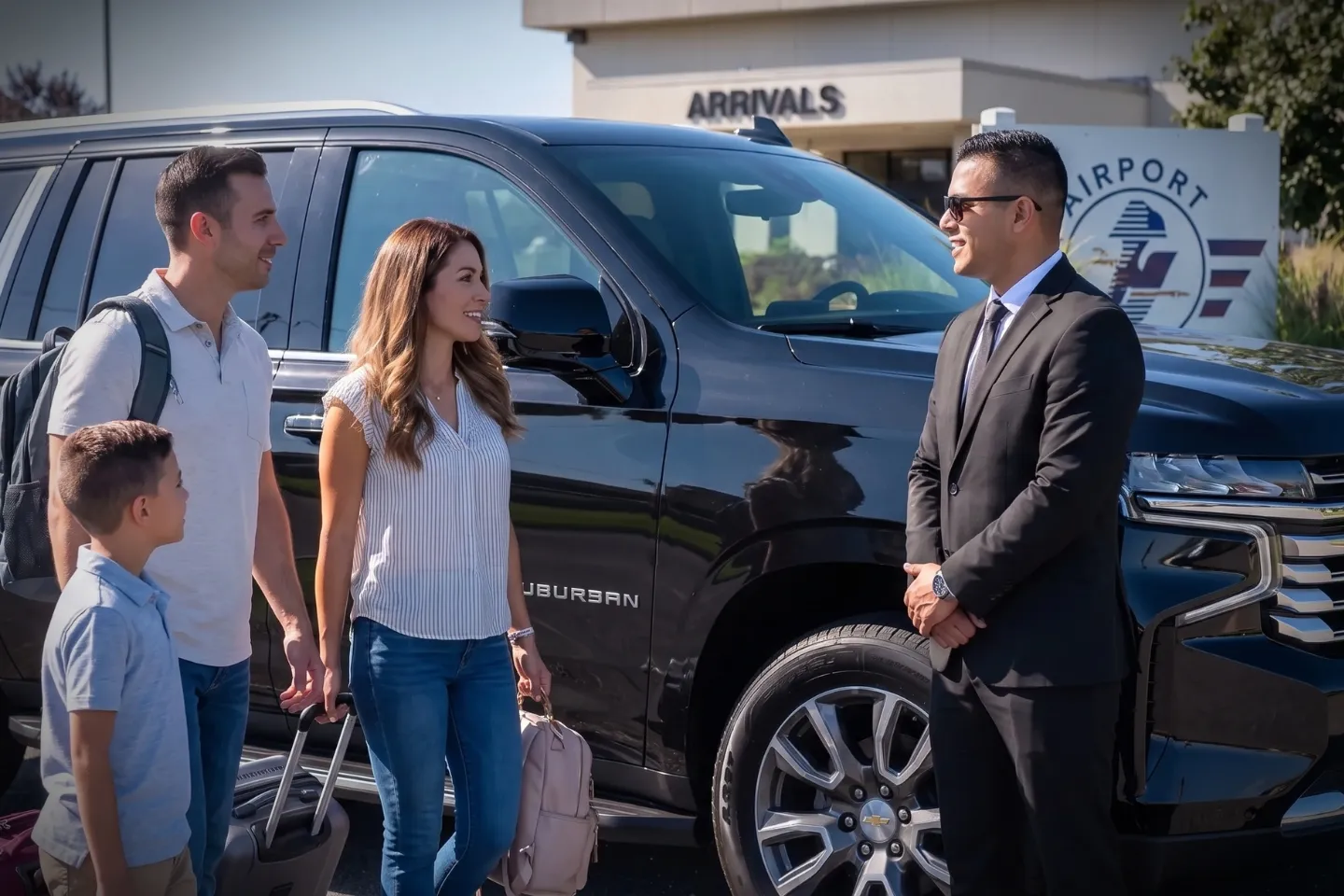Professional driver opening a luxury vehicle door outside the BLM general aviation terminal