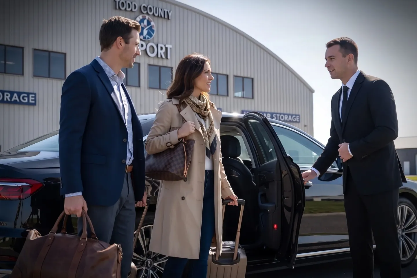 Suited chauffeur loading luggage into an executive vehicle trunk at CDW airport drop-off