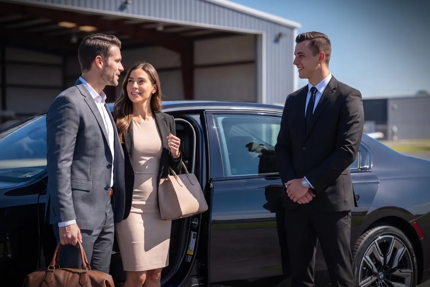Professional chauffeur opening the car door for a passenger at SMQ private aviation area