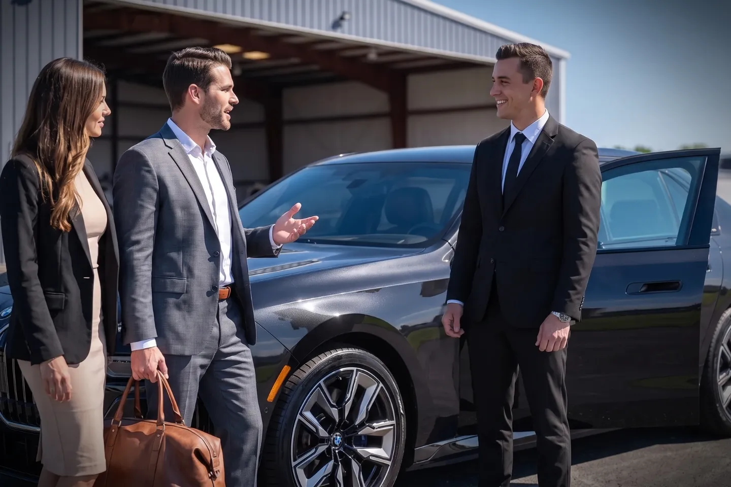 Suited chauffeur loading luggage into an executive car trunk at SMQ airport drop-off