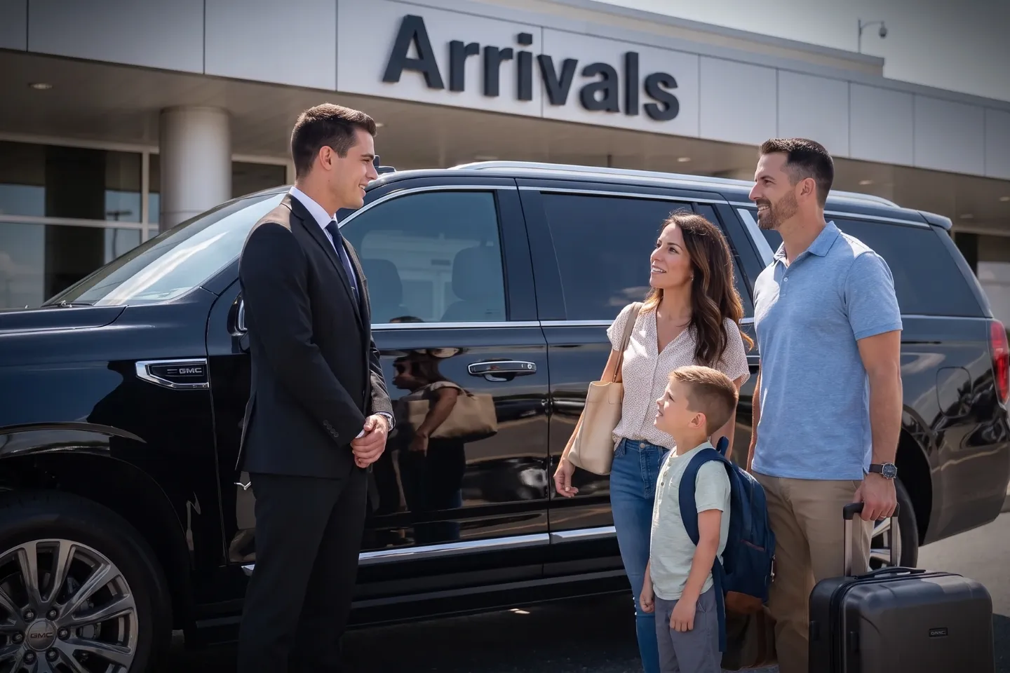 Professional chauffeur opening the car door for a passenger at the LDJ flight line