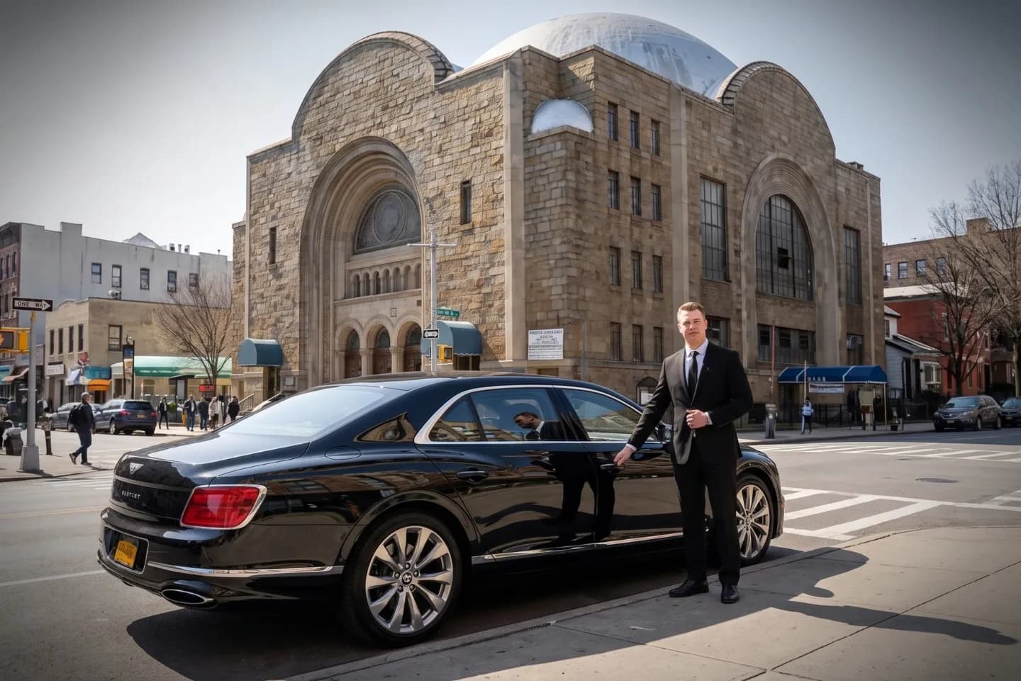 Professional chauffeur standing beside a black sedan in Borough Park, Brooklyn
