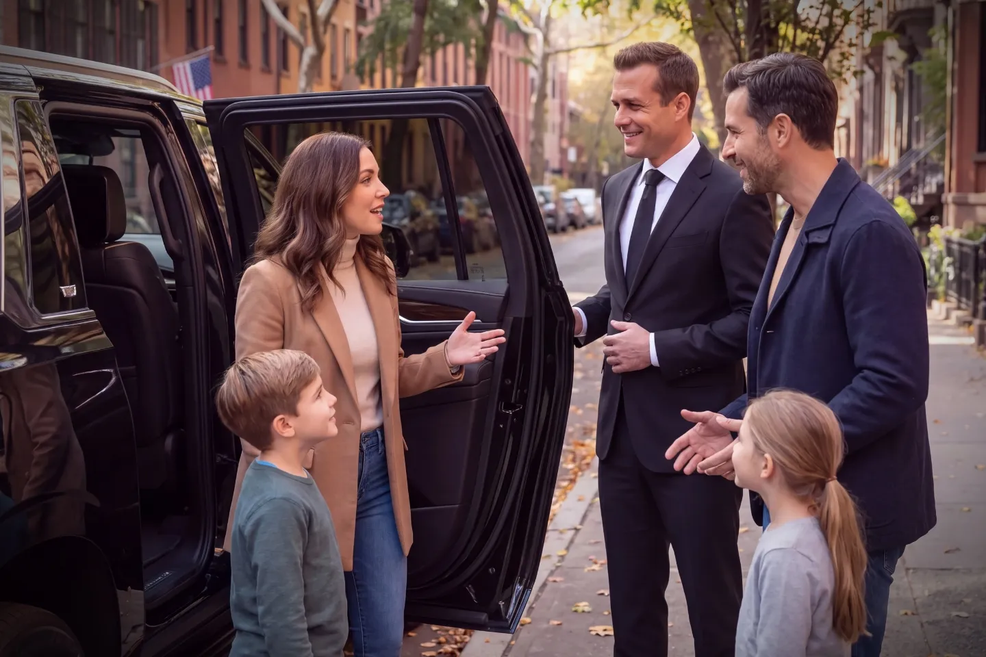 Family boarding a roomy SUV for local trips in Brooklyn Heights, Brooklyn