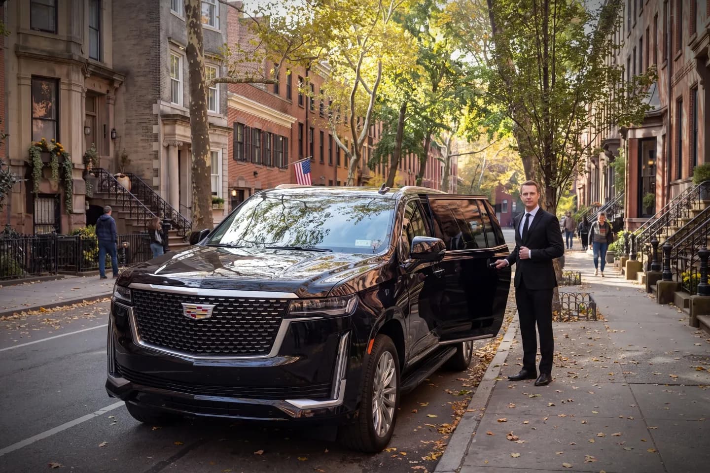 Premium chauffeur service vehicle traveling through Brooklyn Heights, Brooklyn, New York