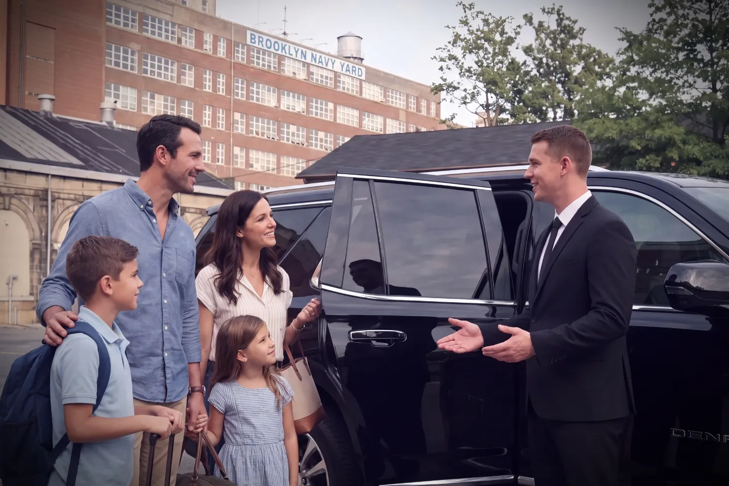Professional chauffeur standing beside a black sedan in Brooklyn Navy Yard, Brooklyn