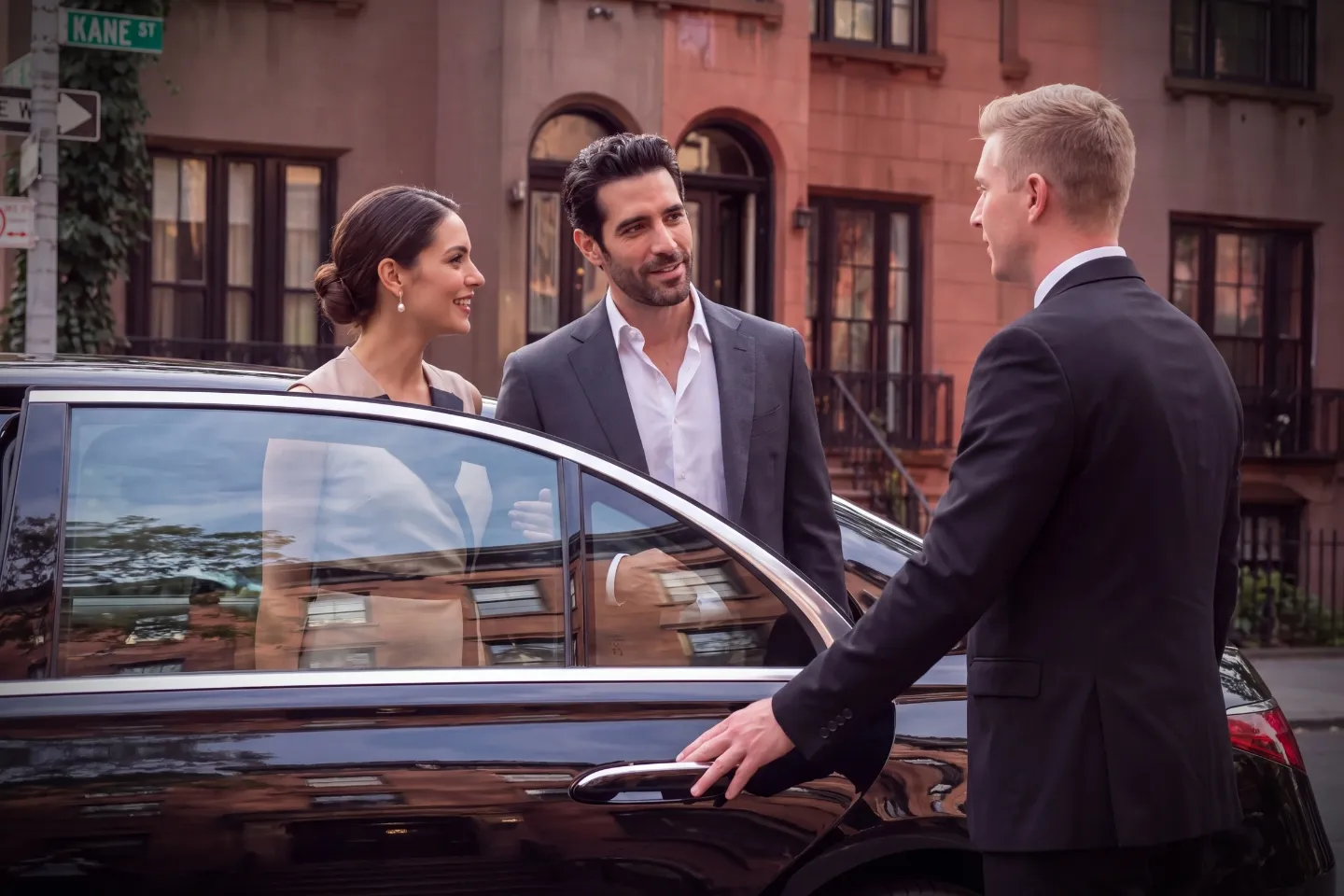 Professional chauffeur standing beside a black sedan in Cobble Hill, Brooklyn