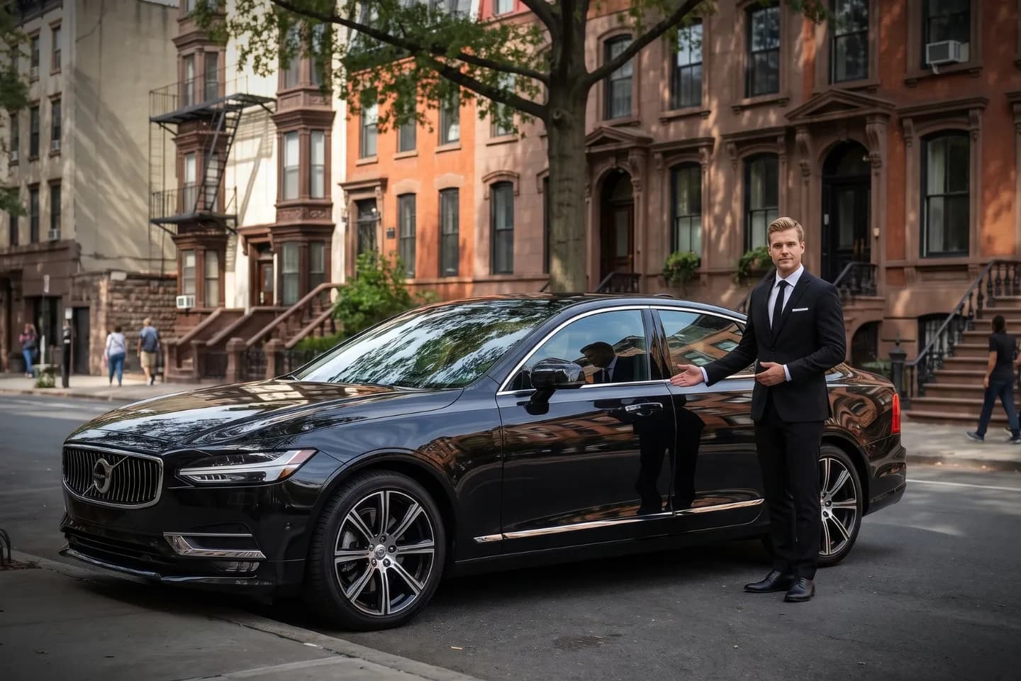 Shiny black sedan ready for hire in Crown Heights, Brooklyn, New York