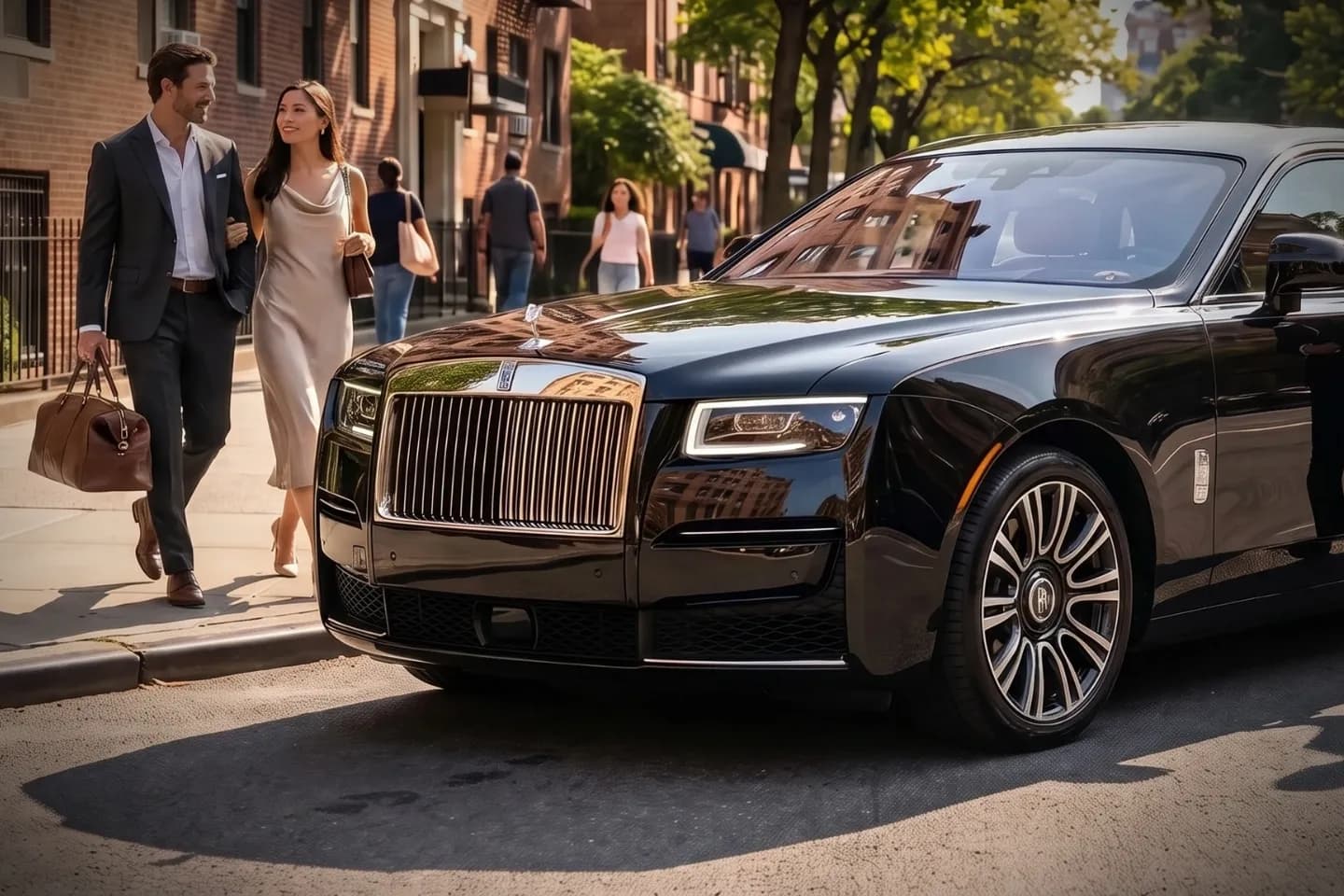 Well-dressed driver waiting by a luxury car in Dahill, Brooklyn, NY