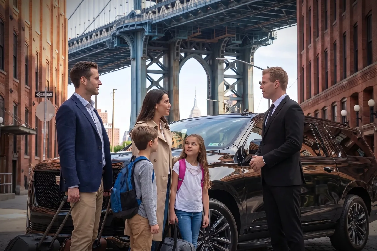 Professional chauffeur standing beside a black sedan in DUMBO, Brooklyn