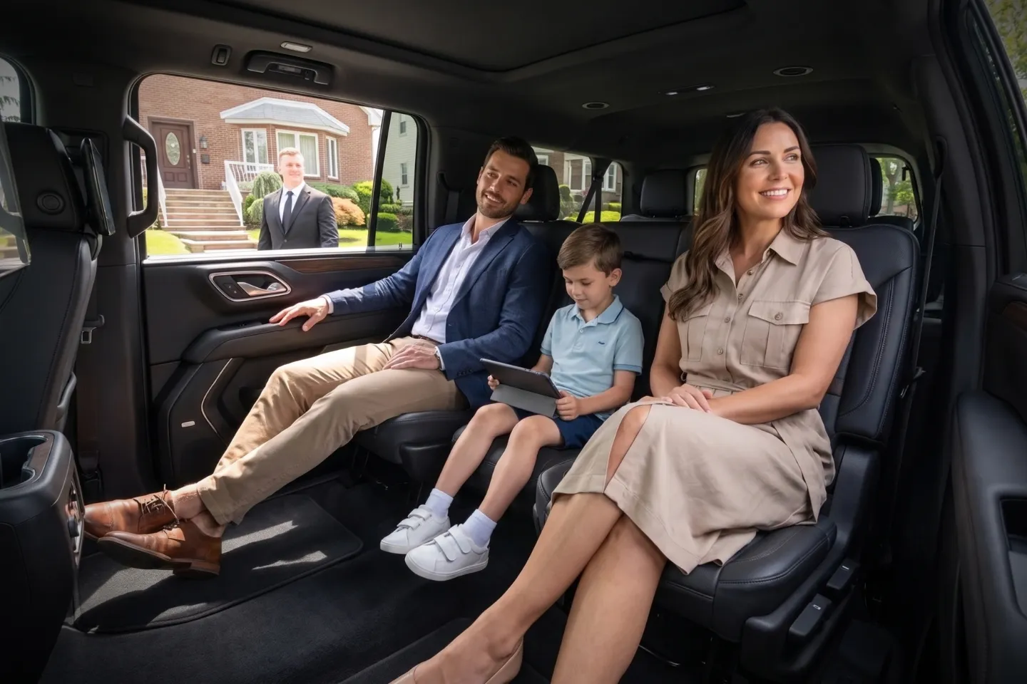 Premium chauffeur service vehicle traveling through Dyker Heights, Brooklyn, New York