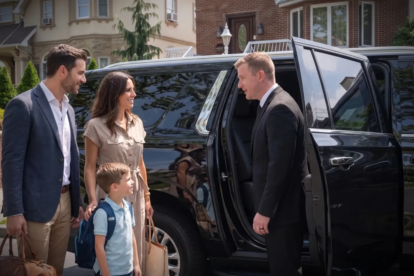 Business traveler stepping into a waiting sedan in Dyker Heights, Brooklyn, NY